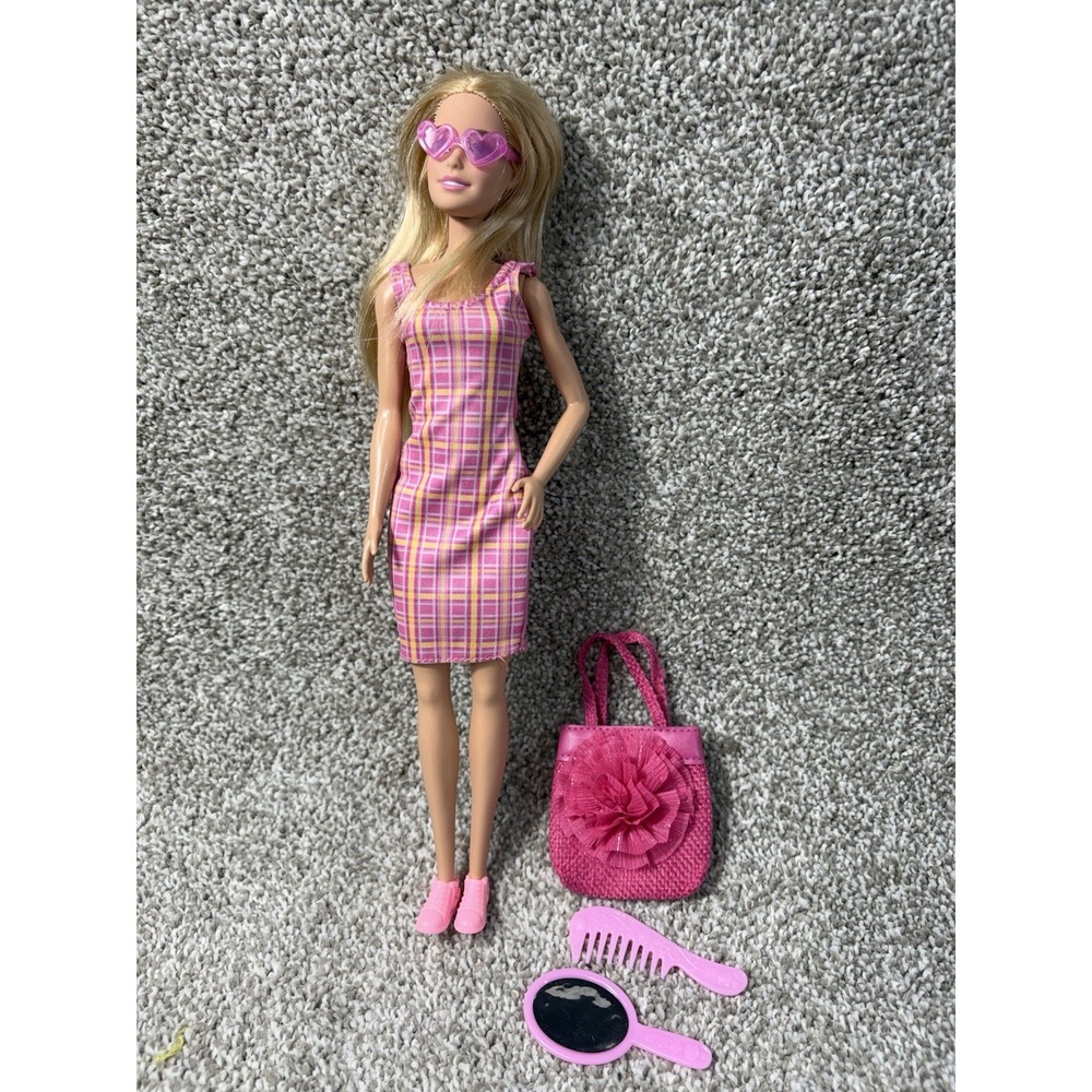 Barbie Doll Blonde Pink‎ plaid Dress Heart Sunglasses purse Shoes Accessories